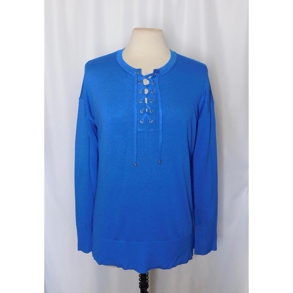 SAKS FIFTH AVENUE Blue Lace Up Silk Cashmere Pullover Sweater Solid Medium - Picture 1 of 10